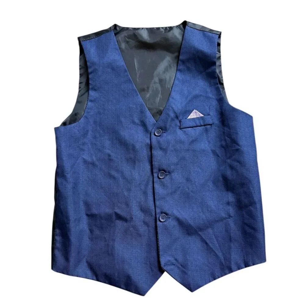 Youth Boys Navy Blue Dressy Vest w Faux Pocket Square - Sz 14